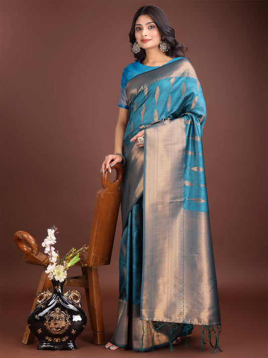 Teal Blue Linen Cotton Saree with Golden Zari Leaf Woven Design & Rich Pallu – Festive Wear | Office Look | Soft Drape