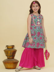 Girls Blue Floral Printed Kurta with Sharara
