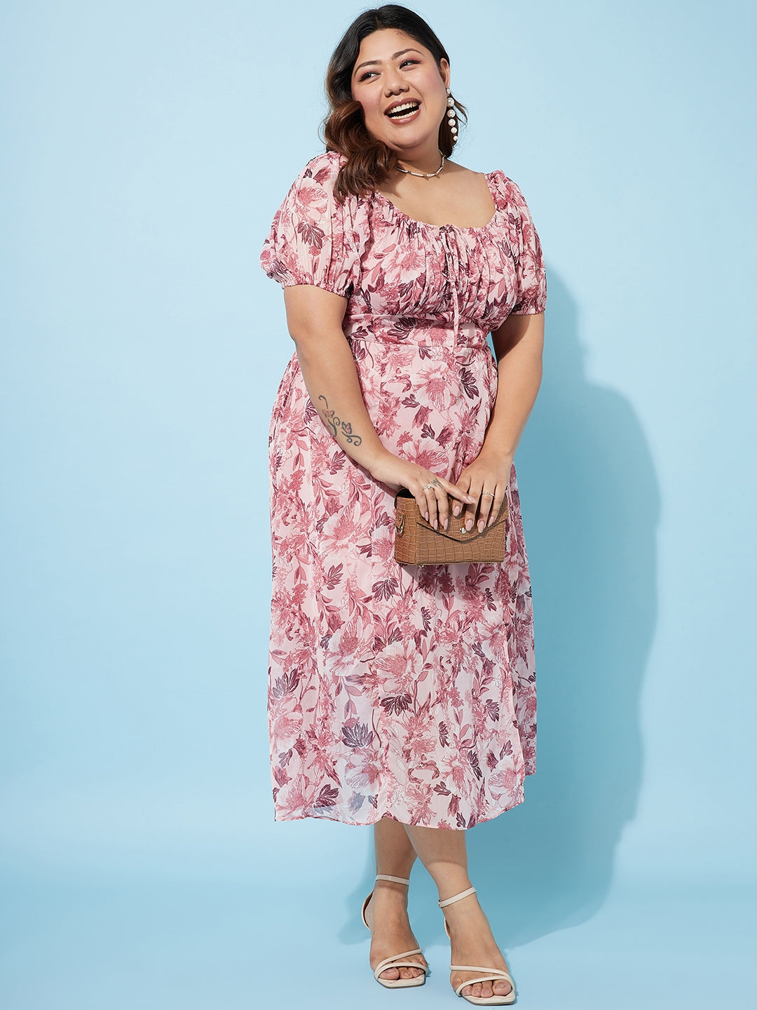 Plus Size Floral Print Chiffon Empire Midi Dress