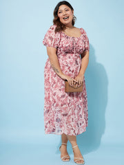 Plus Size Floral Print Chiffon Empire Midi Dress