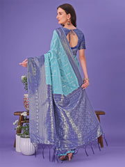 Vibrant Yellow & Blue Lichi Silk Saree with Rich Woven Border and Contrast Blouse – Festive & Wedding Wear