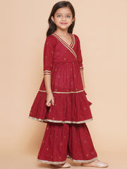 Girls Maroon Ethnic Motifs Printed Angrakha Gotta Patti Kurta With Sharara & Dupatta