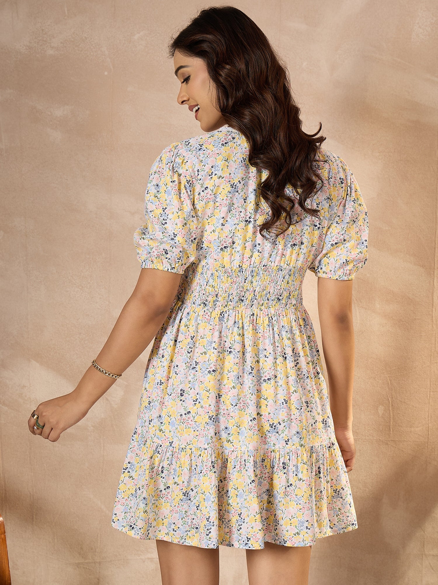 StyleStone Women's Cotton Multi Colored Floral Dress with Lace detail