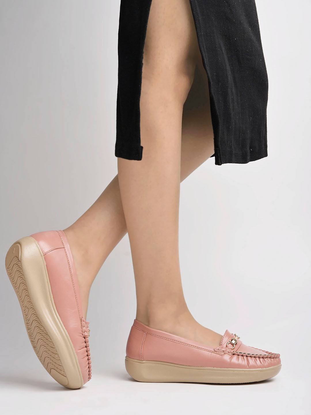 Shoetopia - Upper Metalic Buckle Detailed Peach Loafers For Women & Girls