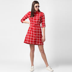 Women's Red and White Check Shirt Dress with Belt