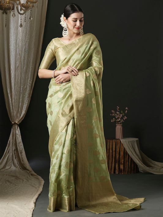 Women's Organza Light Green Woven Design Designer Saree With Blouse Piece