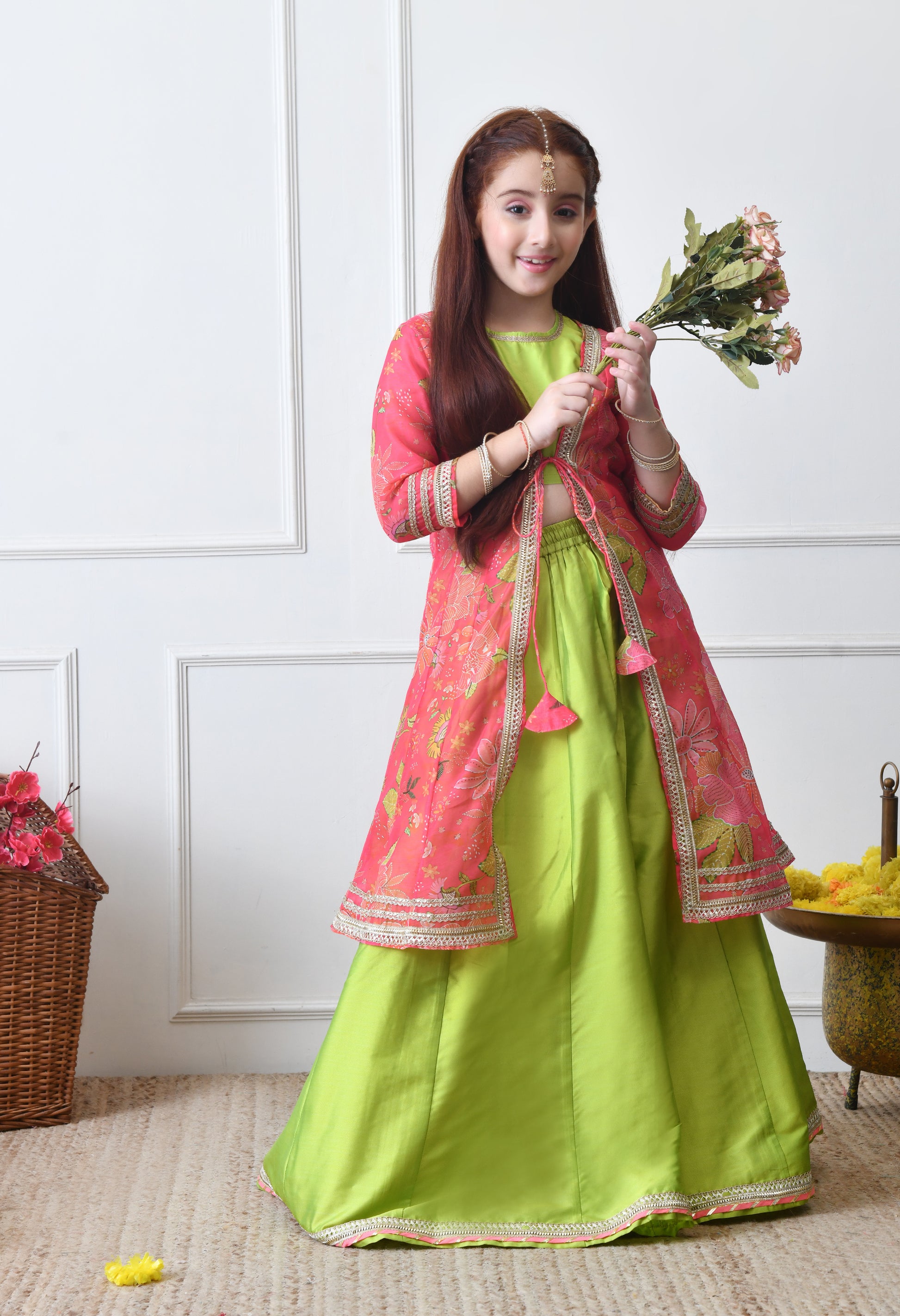 Girls’ Lime Green Lehenga with Coral Pink Floral Jacket Set