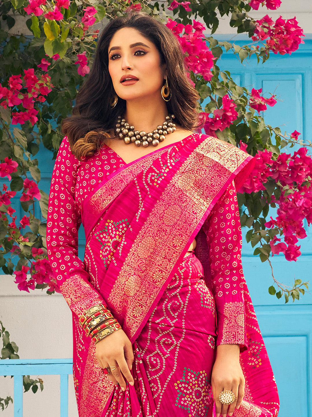 Women's Muga Silk Pink Printed Designer Saree With Blouse Piece