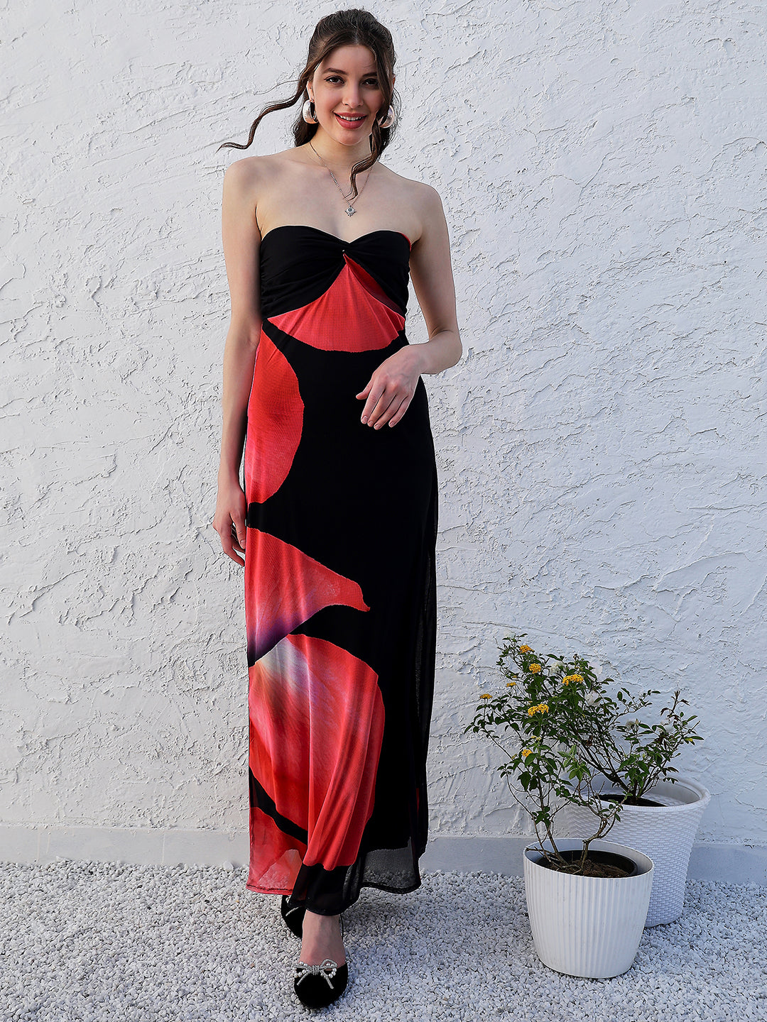 Black Abstract Printed Strapless Maxi Dress