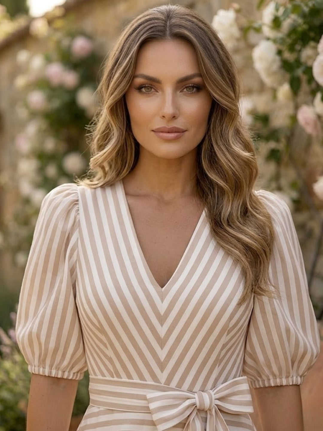 Beige Playful Stripe V-Neck Dress-ADR-22018