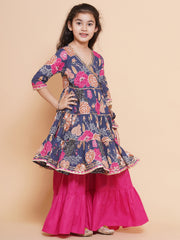 Placement Print Three-Fourth Sleeves Above Knee Length Cotton Kurta With Sharara - Navy Blue