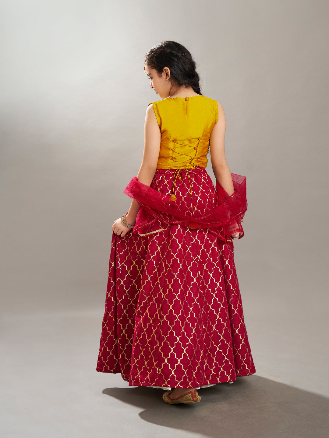 Girls Maroon & Yellow Foil Print with Embroidered yoke Choli, Lehenga with Dupatta
