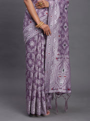 Sky Blue Linen Cotton Saree with Multicolor Elephant & Temple Motifs – Traditional Woven Pallu & Tassels