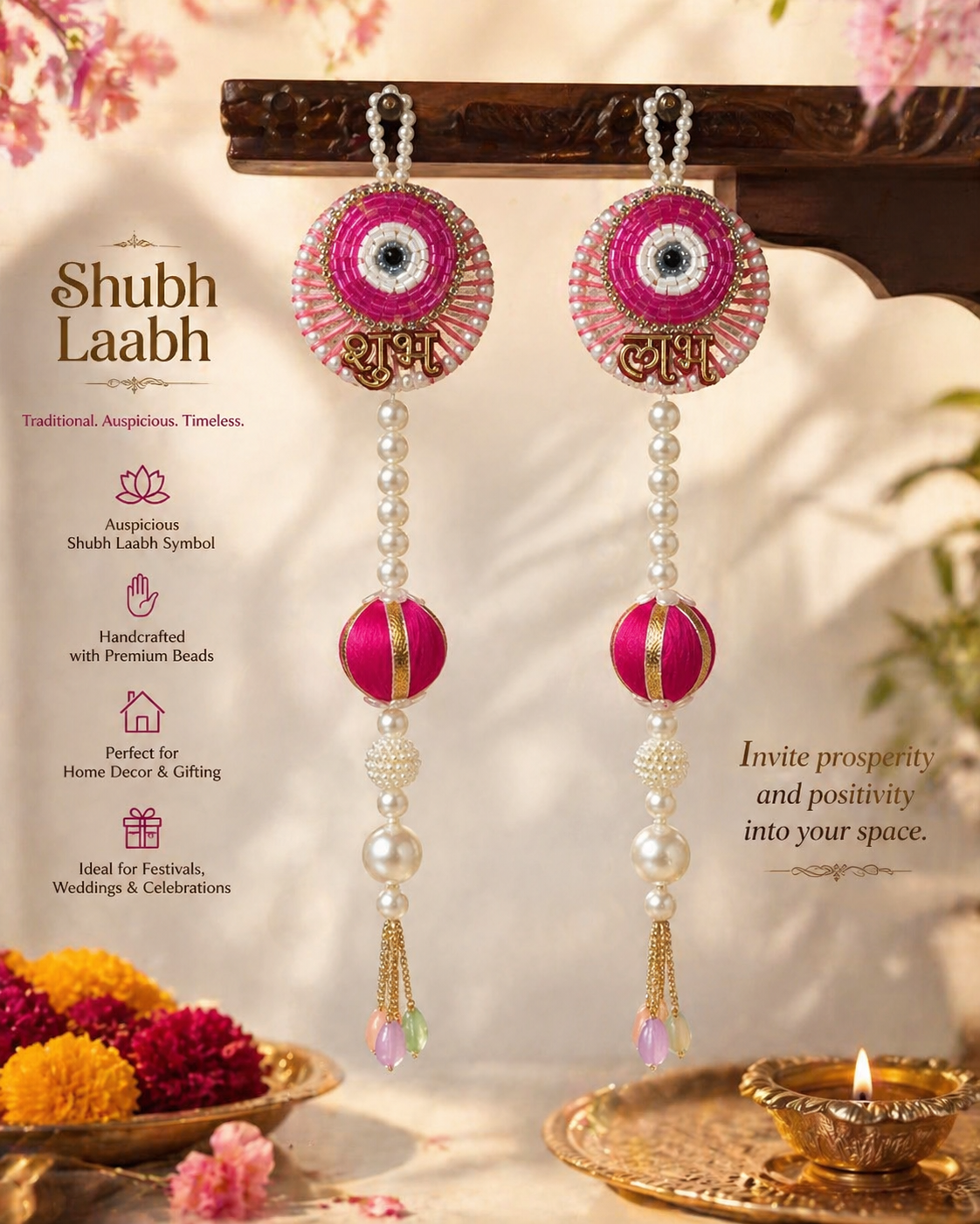 Shubh Shringar Creations Shubh Laabh Door Hanging, Pink, Premium Beads with Pearls and Metal Texture, 25 x 5 cm (Smalll Size), 1 Pair