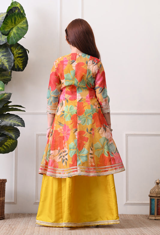 Girls Mustard Yellow Lehenga Choli Set with Multicolor Floral  Jacket