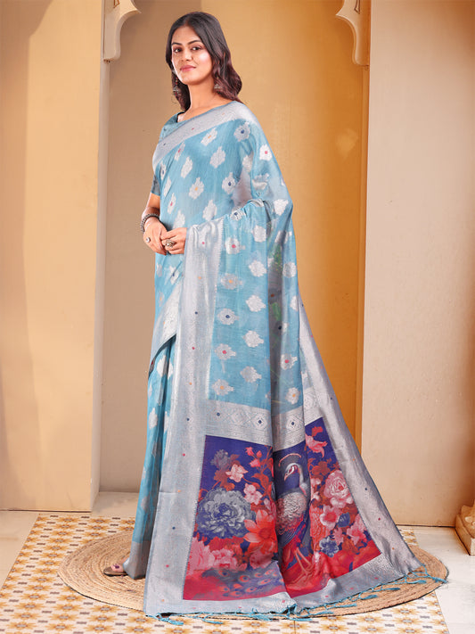 Sky Blue Floral Linen Cotton Saree with Zari Border & Digital Printed Pallu – Elegant Sari for Festive Occasions