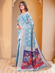 Floral Linen Cotton Saree with Zari Border & Digital Printed Pallu - Elegant Sari for Festive Occasions