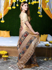 Women's Cotton Linen Brown Printed Designer Saree With Blouse Piece