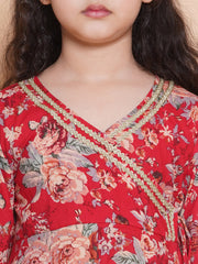 Girls Red Floral Printed Angrakha Kurta with Sharara