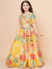 Girls Yellow Flower Digital Print Lace work Choli with Ready to wear Lehenga.