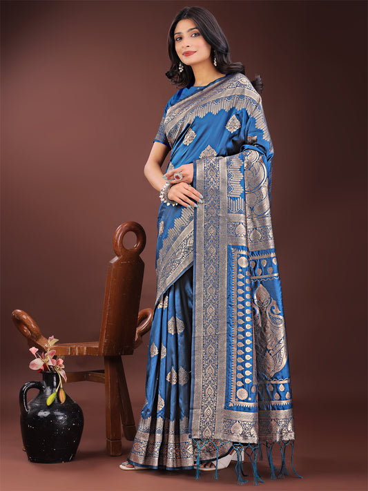 Graceful Royal Blue Banarasi Silk Saree with Silver Zari – Perfect Ethnic Wear for Weddings & Festive Moments
