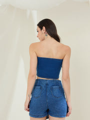 Women's Blue Denim Off Shoulder  Crop Top