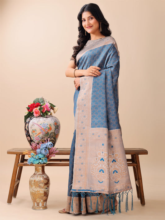 Graceful Blue & Beige Lichi Silk Saree with Elegant Woven Pallu – Timeless Beauty for Every Occasion
