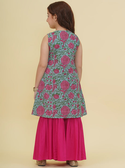 Girls Blue Floral Printed Kurta with Sharara