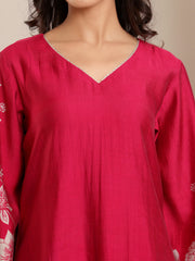 Women Fuchsia Pink Floral Printed Gota Detail  Flared Sleeve Kurta With Solid Trouser And Dupatta