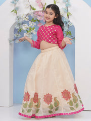 Girls Pink & Beige Flower Printed with Embroidered Choli, Beige Flower Printed Lace work Lehenga with Dupatta