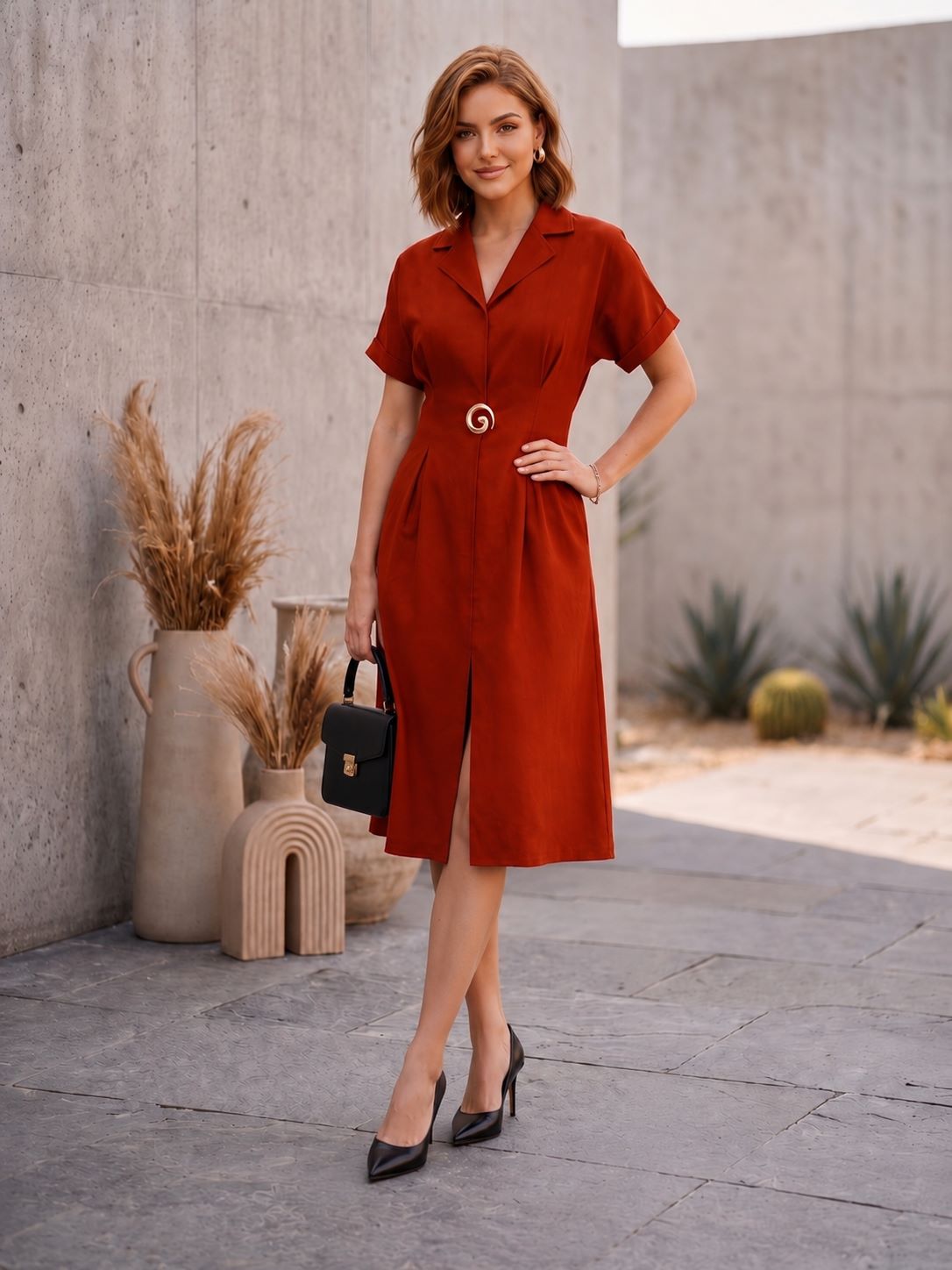 Rust Lapel Collar Embellished Dress-ADR-21218