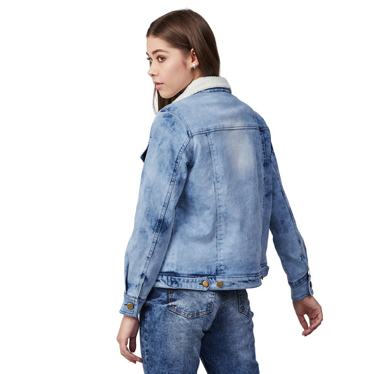 Women's Denim Jacket with Soft Warm Faux Fur Lining inside- Ice Blue
