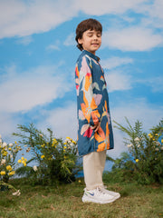 Boys' Multi Color Base Blue Kurta Pyjama Set
