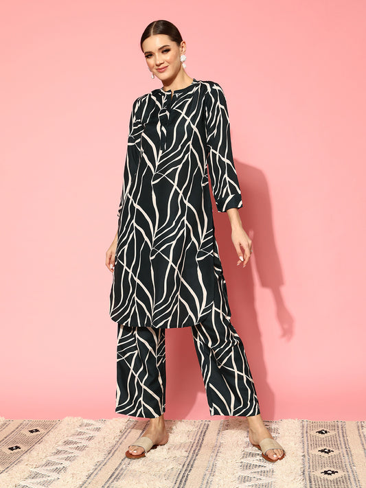 Women Black & White Abstract Printed Straight Kurta Paired With Tonal Printed Bottom