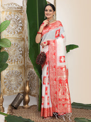 Premium Woven Linen Cotton Saree with Traditional Zari Border – Elegant Festive Look Perfect for Durga Puja, Navratri & Bengali Celebrations