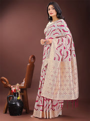 Elegant Beige & Coral Linen Saree with Zari Border and Abstract Pattern – Premium Festive & Office Wear