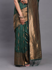 Navy Blue Banarasi Silk Saree with Copper Zari Woven Pallu & Feather Butta – Wedding & Festive Wear