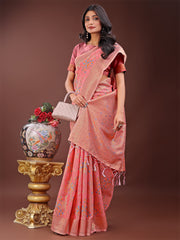 Elegant Orange Linen Cotton Saree with Floral Weave & Soft Gold Pallu – Graceful Choice for Casual, Office & Festive Looks