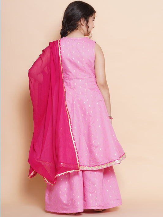 Girls Pink Ethnic motifs woven design Kurta With Sharara dupatta