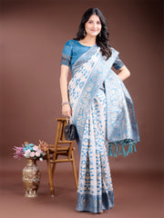 White & Maroon Woven Linen Cotton Saree with Rich Zari Border – Soft Festive Wear Saree for Women