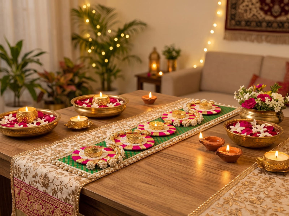 Handcrafted festive T-light/diya table runner