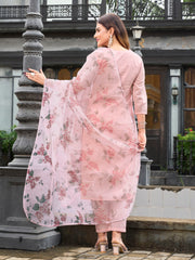 Peach color pure cotton with thread embroidered kurta & trouser with printed dupatta set 