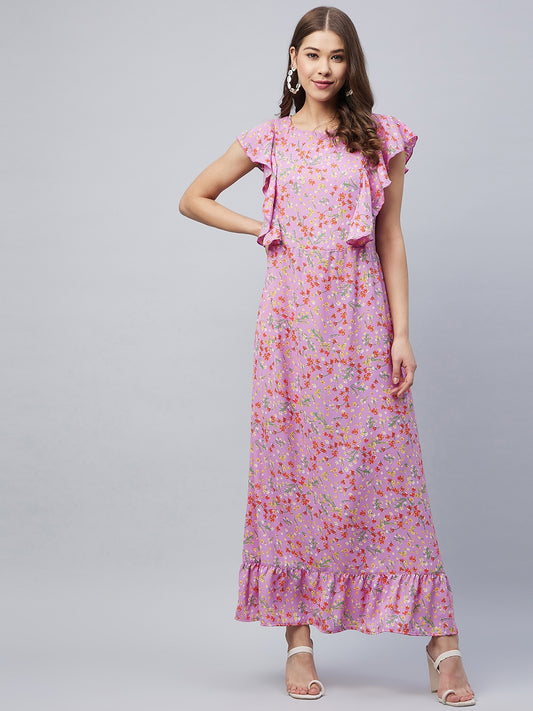 Women's Lavender Floral Maxi Dress with Flutter Sleeves