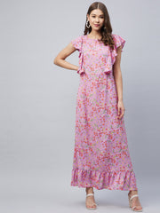 Women's Lavender Floral Maxi Dress with Flutter Sleeves
