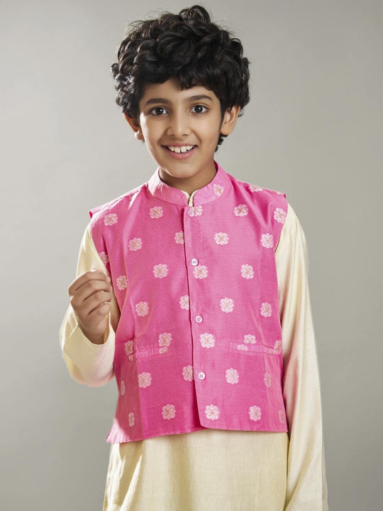 Boys off white kurta pajama with pink jacquard booti Jacket