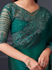 Women's Satin Silk Teal blue Embellished Designer Saree With Blouse Piece