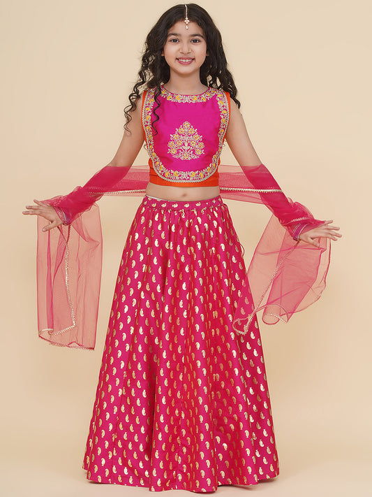 Girls Orange & Pink Embroidered Choli & Ready to Wear Lehenga With Dupatta