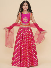 Girls Orange & Pink Embroidered Choli & Ready to Wear Lehenga With Dupatta