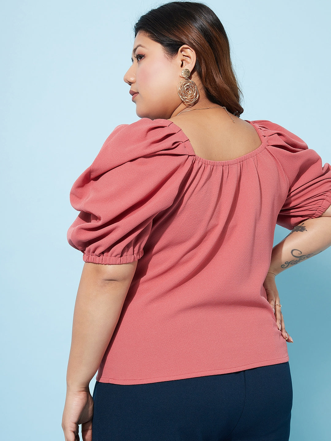 Plus Size Sweetheart Neck Puff Sleeves Casual Top