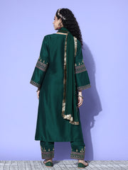 Women Green Embroidered Straight Kurta   Paired With Tonal Embroidered Bottom And With Tonal  Chiffon Dotted Dupatta